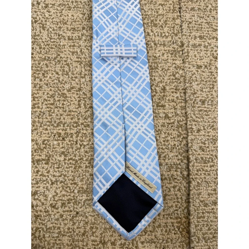 Burberry London Mens Silk Tie Light Blue White Nova Check Hand Made in England